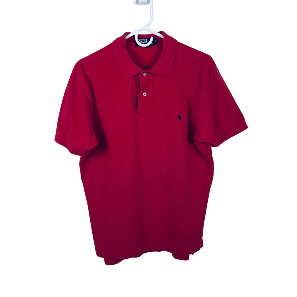 Polo Ralph Lauren Mens Red Short Sleeve Pique Cotton Polo Shirt Size M Navy Pony